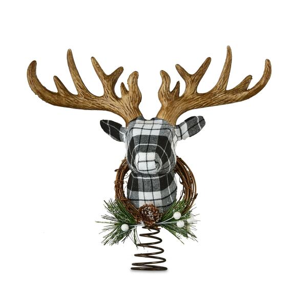 Plaid Deer Head Country Christmas Tree Topper 11.5" Black & White Holiday Decor - Picture 6 of 6